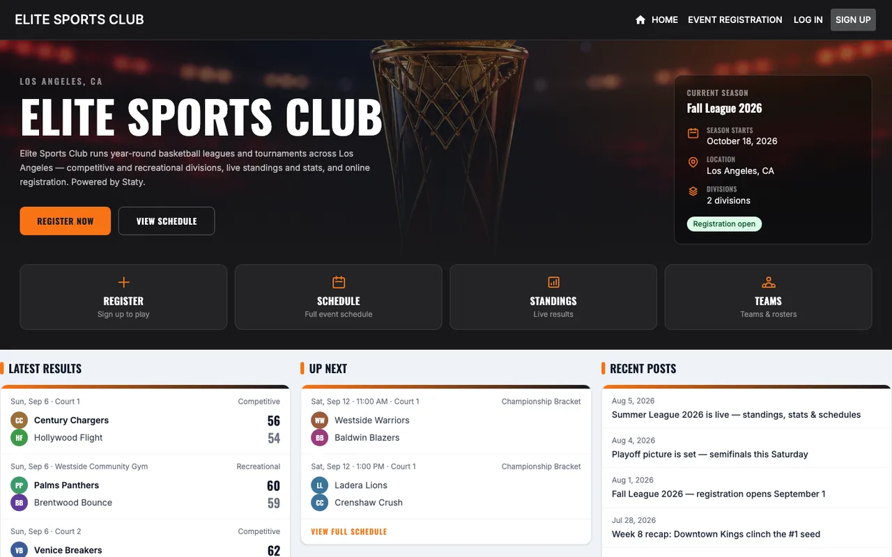 Elite Sports Club homepage — dark full-width hero with orange branding, current-season card, live results and posts