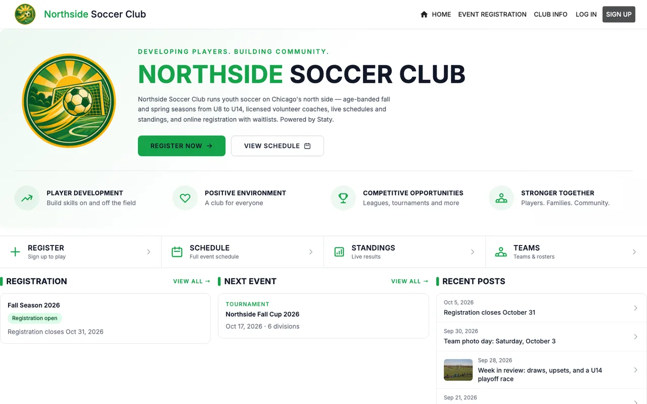 Northside Soccer Club homepage — clean white layout with club logo, green branding, registration and next-event cards