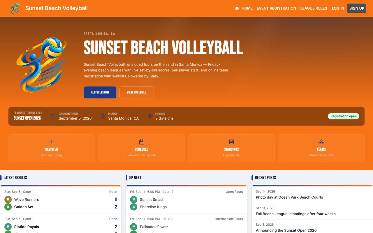 Sunset Beach Volleyball homepage — dark crimson premier layout with its own logo and typography