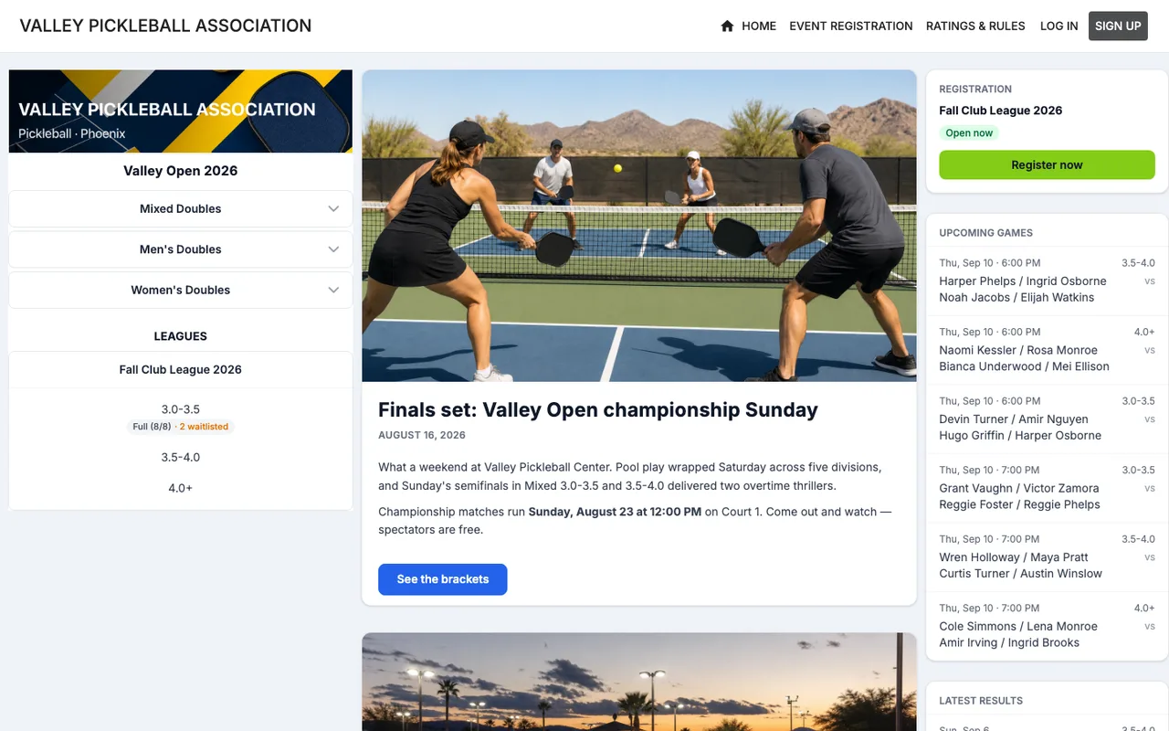 Valley Pickleball Association homepage — banner, posts feed, upcoming games and registration sidebar