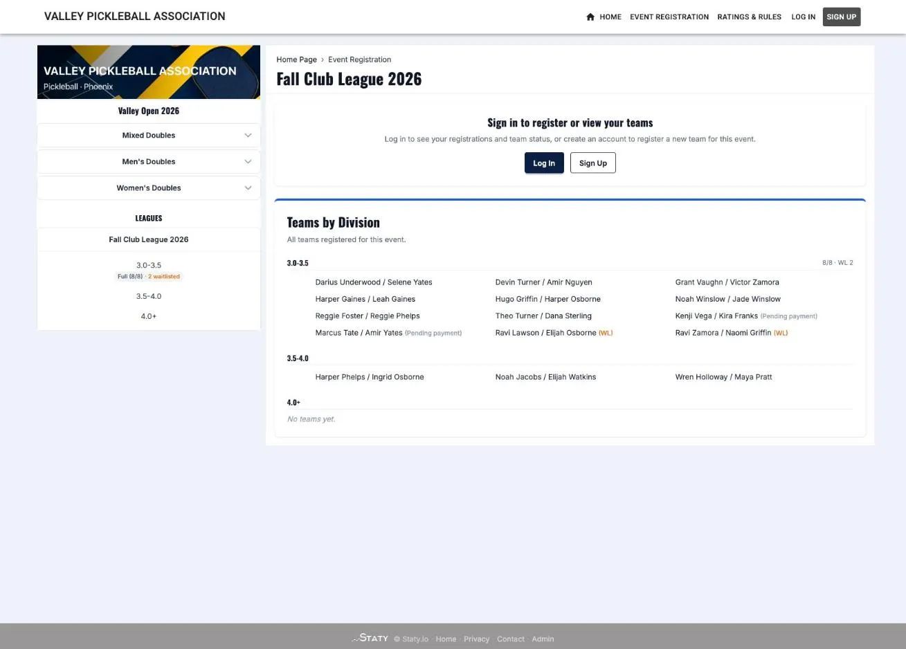 Online pickleball registration with rating-banded divisions on Staty