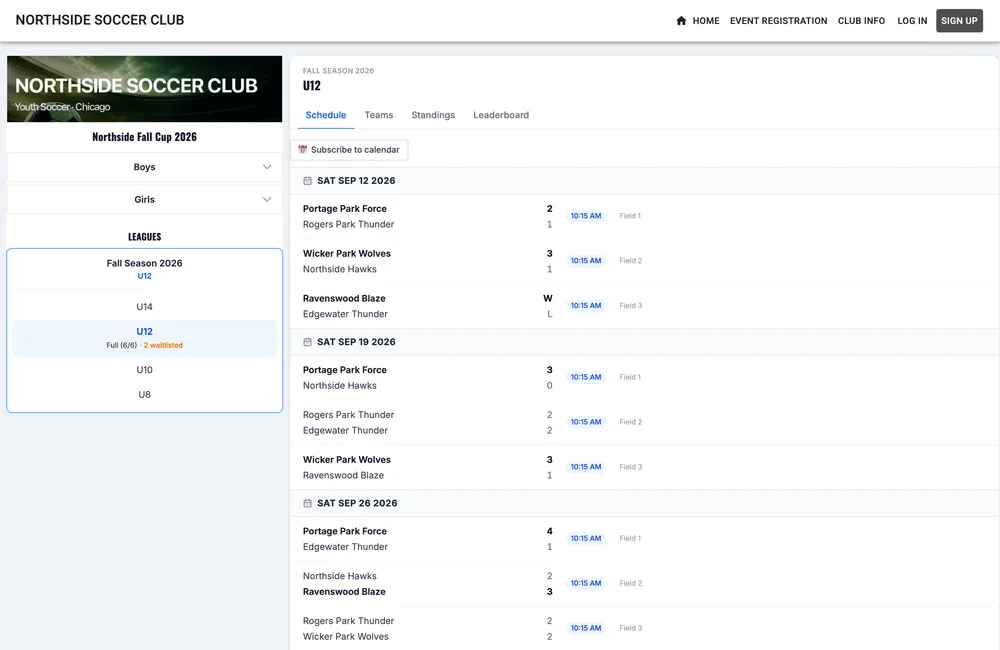 A Saturday soccer schedule on a Staty club site