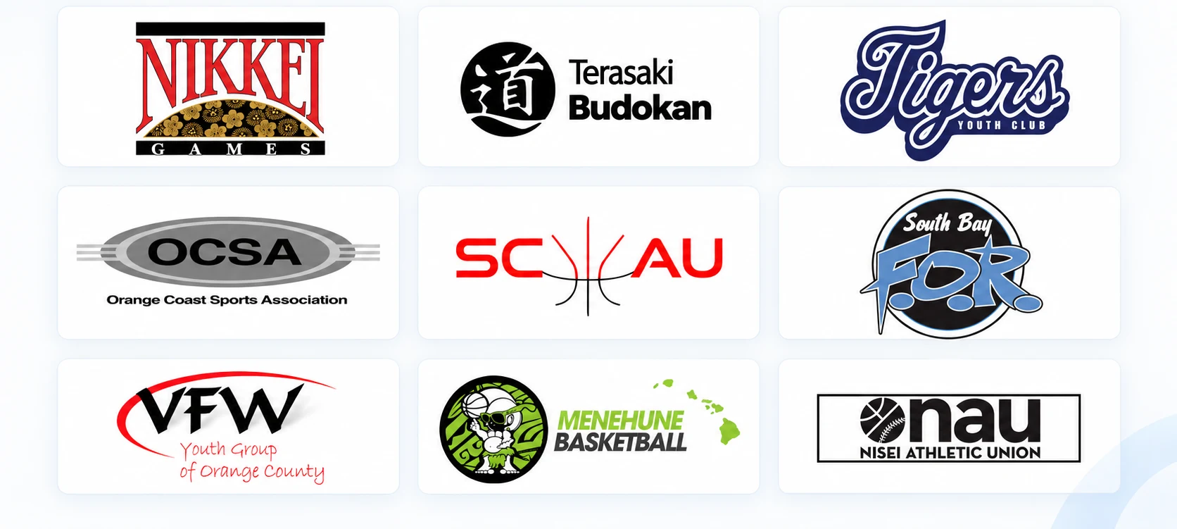 Logos of organizations running on Staty: Nikkei Games, Terasaki Budokan, Tigers Youth Club, Orange Coast Sports Association, SCWAU, South Bay F.O.R., VFW Youth Group of Orange County, Menehune Basketball, and Nisei Athletic Union
