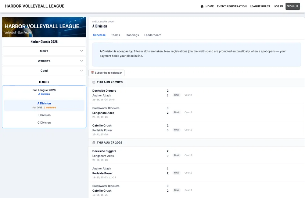 A volleyball schedule with set-by-set results on a Staty league site